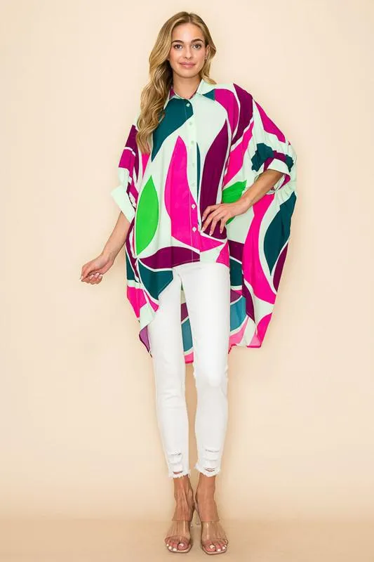 High Low Button Down Printed Top