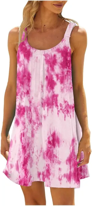 hlysgo Mini Dresses for Women 2025 Summer Tie-Dye Print Short Beach Coverup Dress Casual Loose Fit Sleeveless Mini Sundress