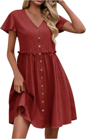 hlysgo Womens Button Down Dress 2025 Summer Loose Fit Flutter Sleeve V Neck Mini Dresses Beach Vacation A Line Casual Dress