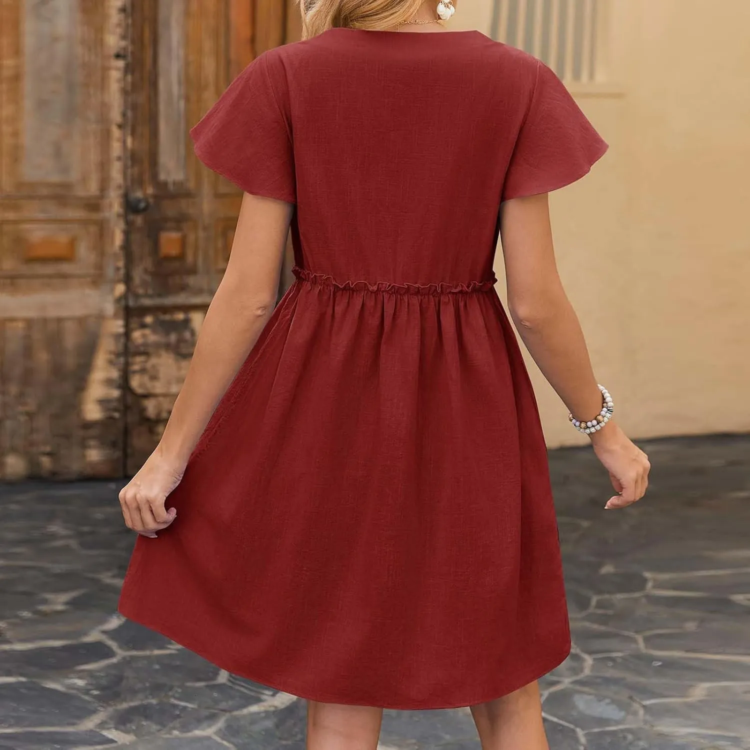 hlysgo Womens Button Down Dress 2025 Summer Loose Fit Flutter Sleeve V Neck Mini Dresses Beach Vacation A Line Casual Dress