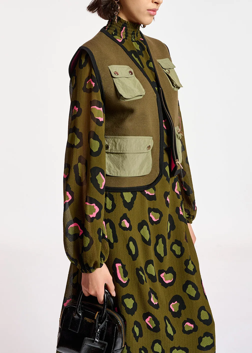 Khaki sleeveless knit jacket