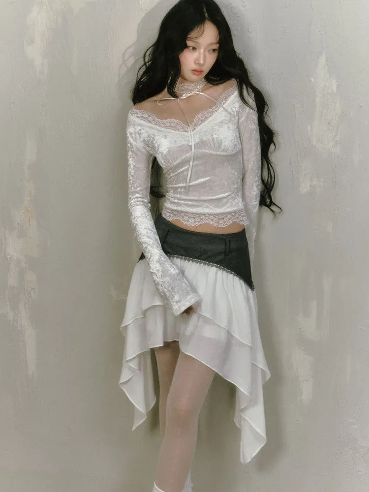 Lace Tight Flower Feminine Ribbon Luster Blouse
