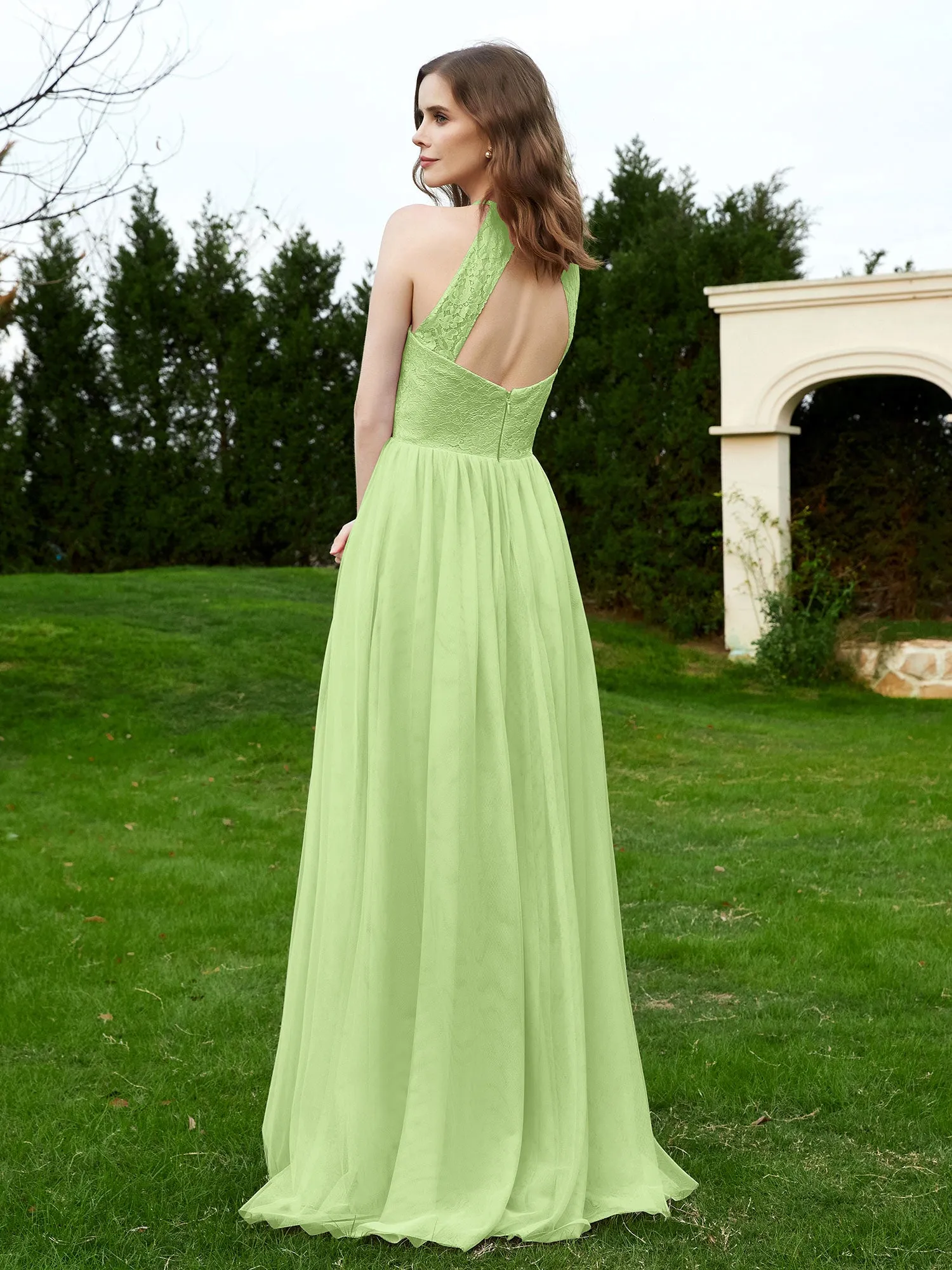 Lace Tulle Bridesmaid Gown Halter Neckline Sage Plus Size