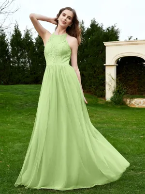 Lace Tulle Bridesmaid Gown Halter Neckline Sage Plus Size