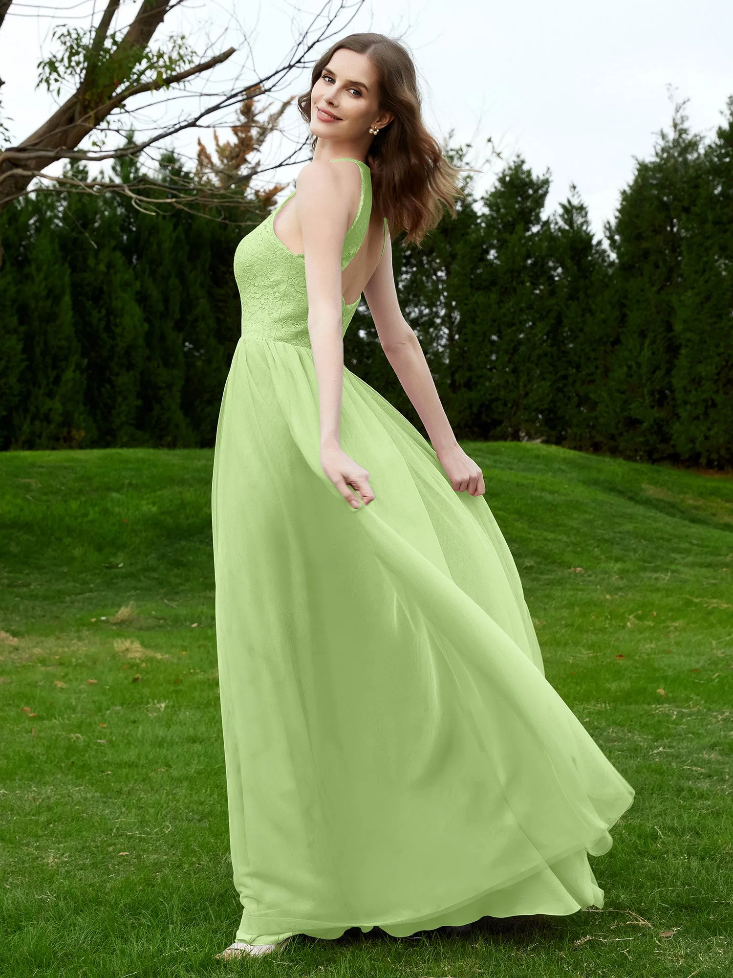 Lace Tulle Bridesmaid Gown Halter Neckline Sage Plus Size