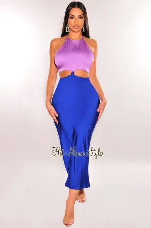 Lilac Blue Satin Halter Knotted Cut Out Slip Dress