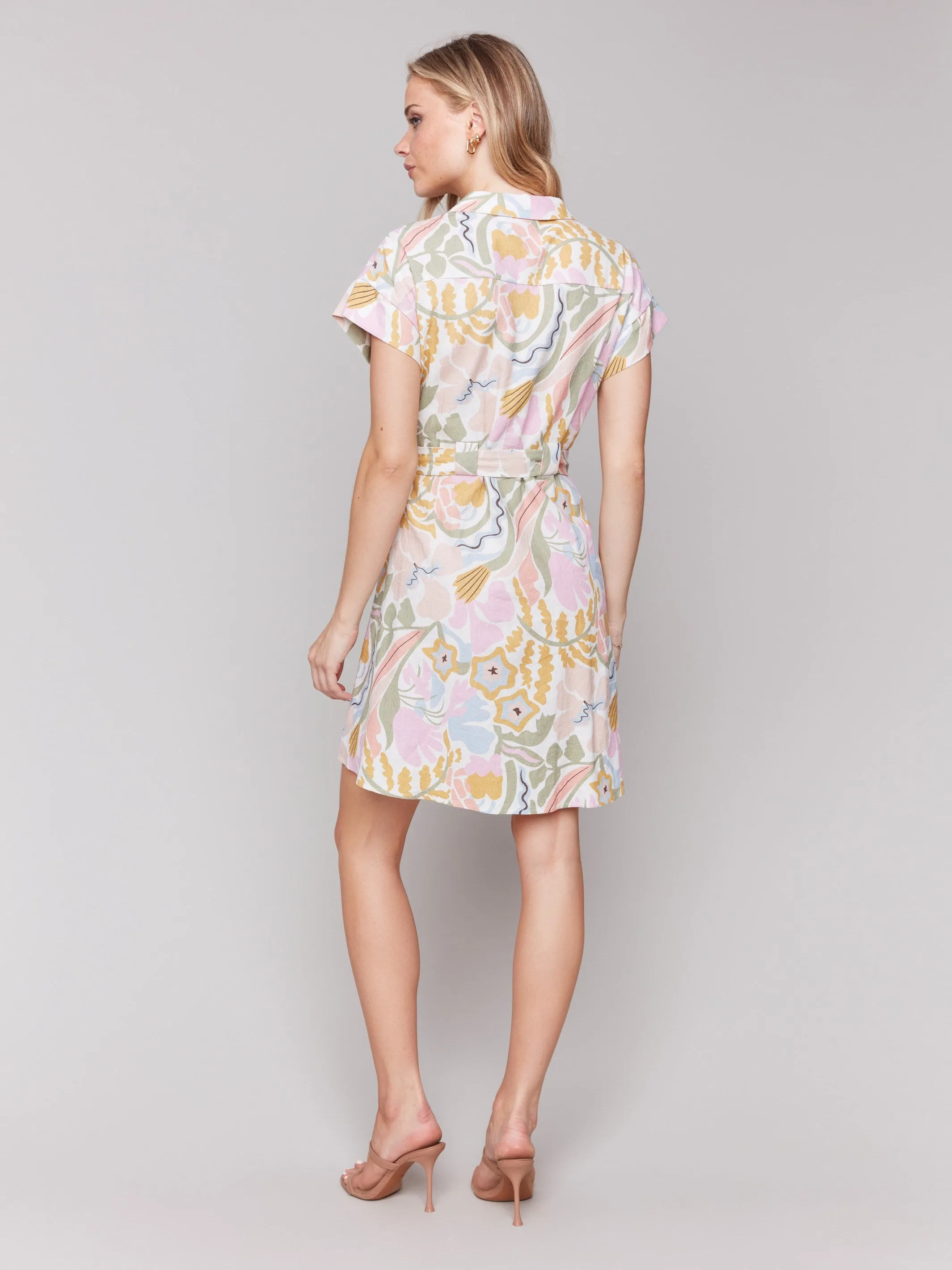 Linen Blend Short Sleeve Button-Front Dress - Pastel