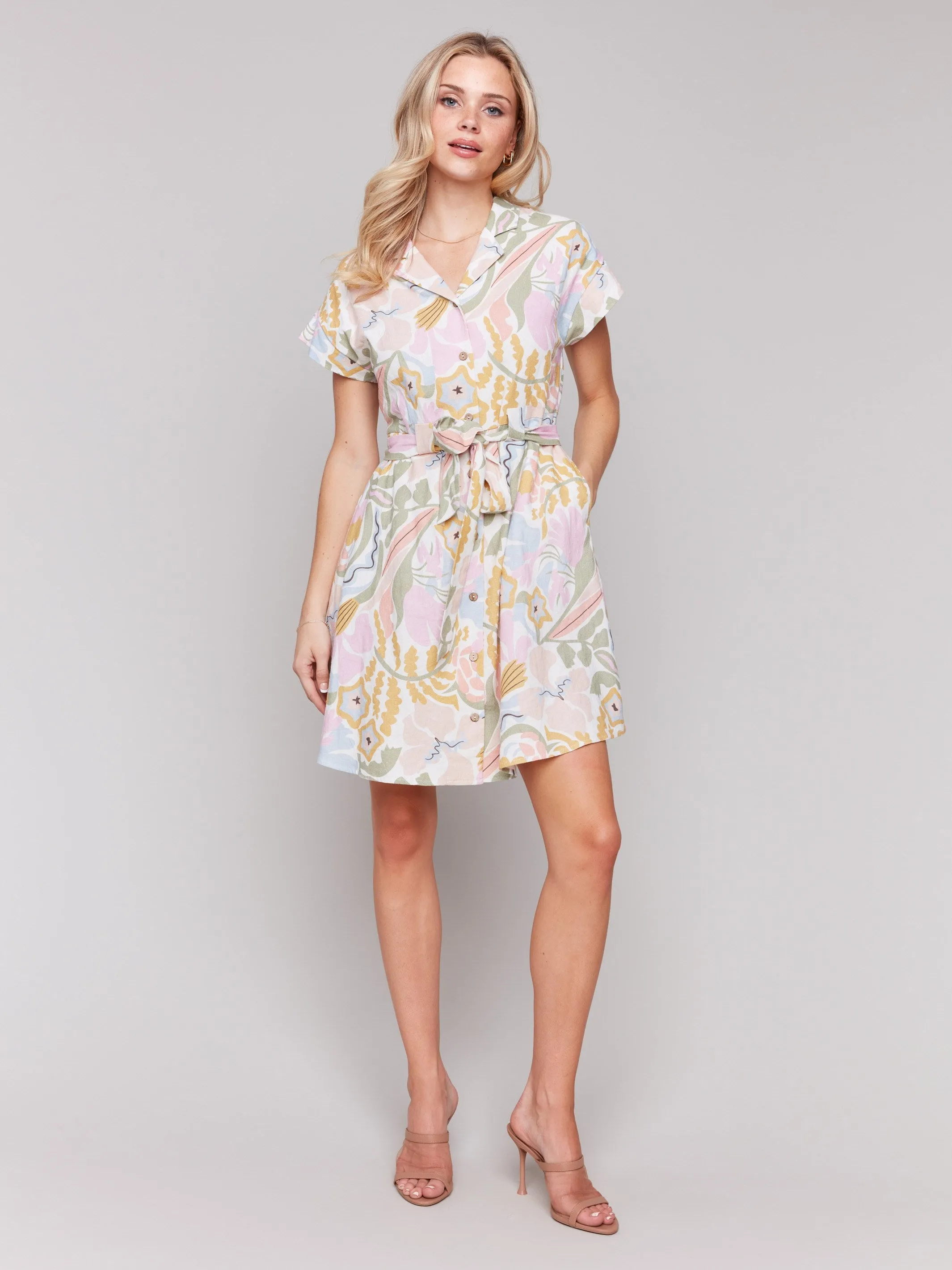Linen Blend Short Sleeve Button-Front Dress - Pastel