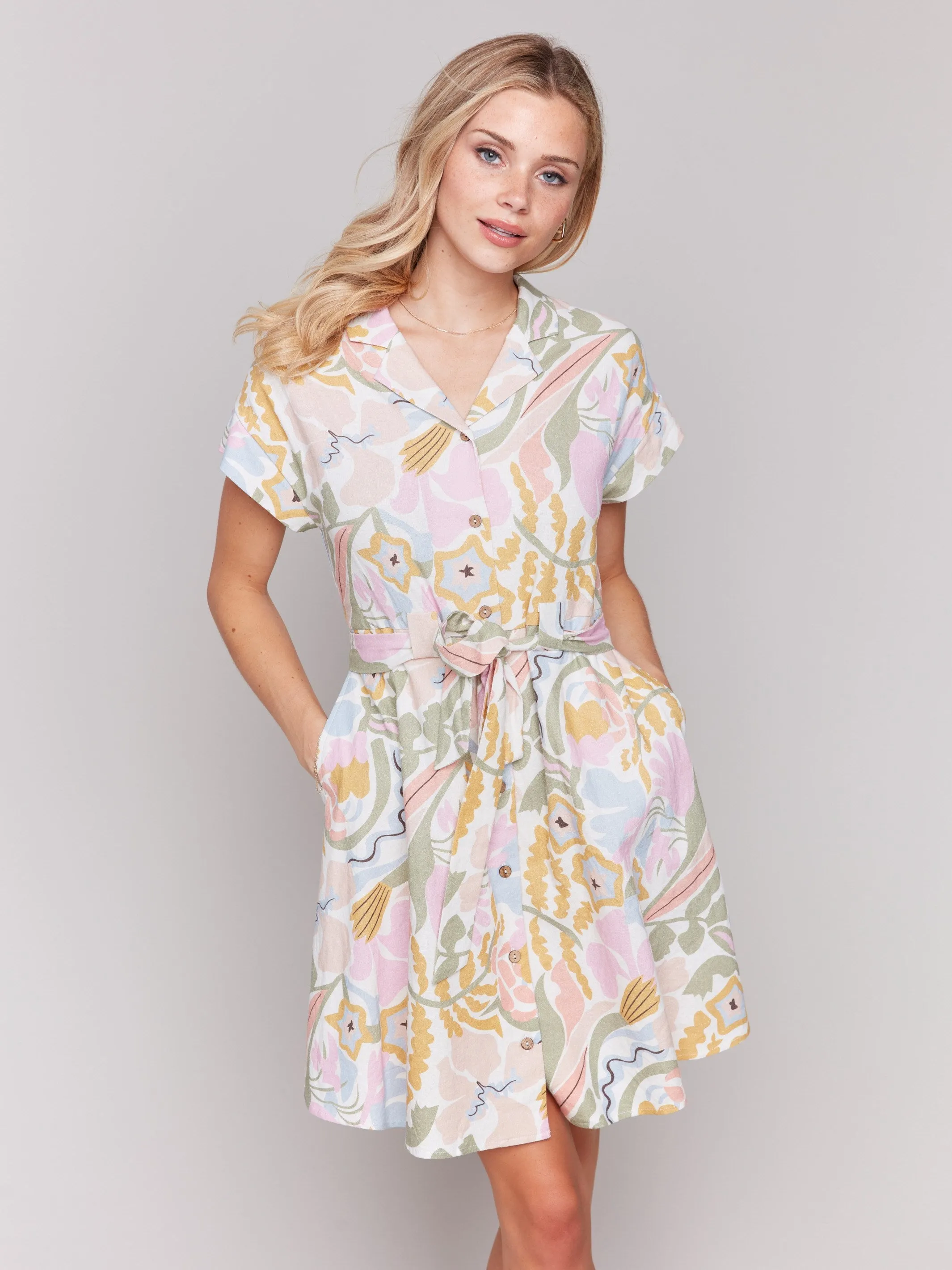 Linen Blend Short Sleeve Button-Front Dress - Pastel