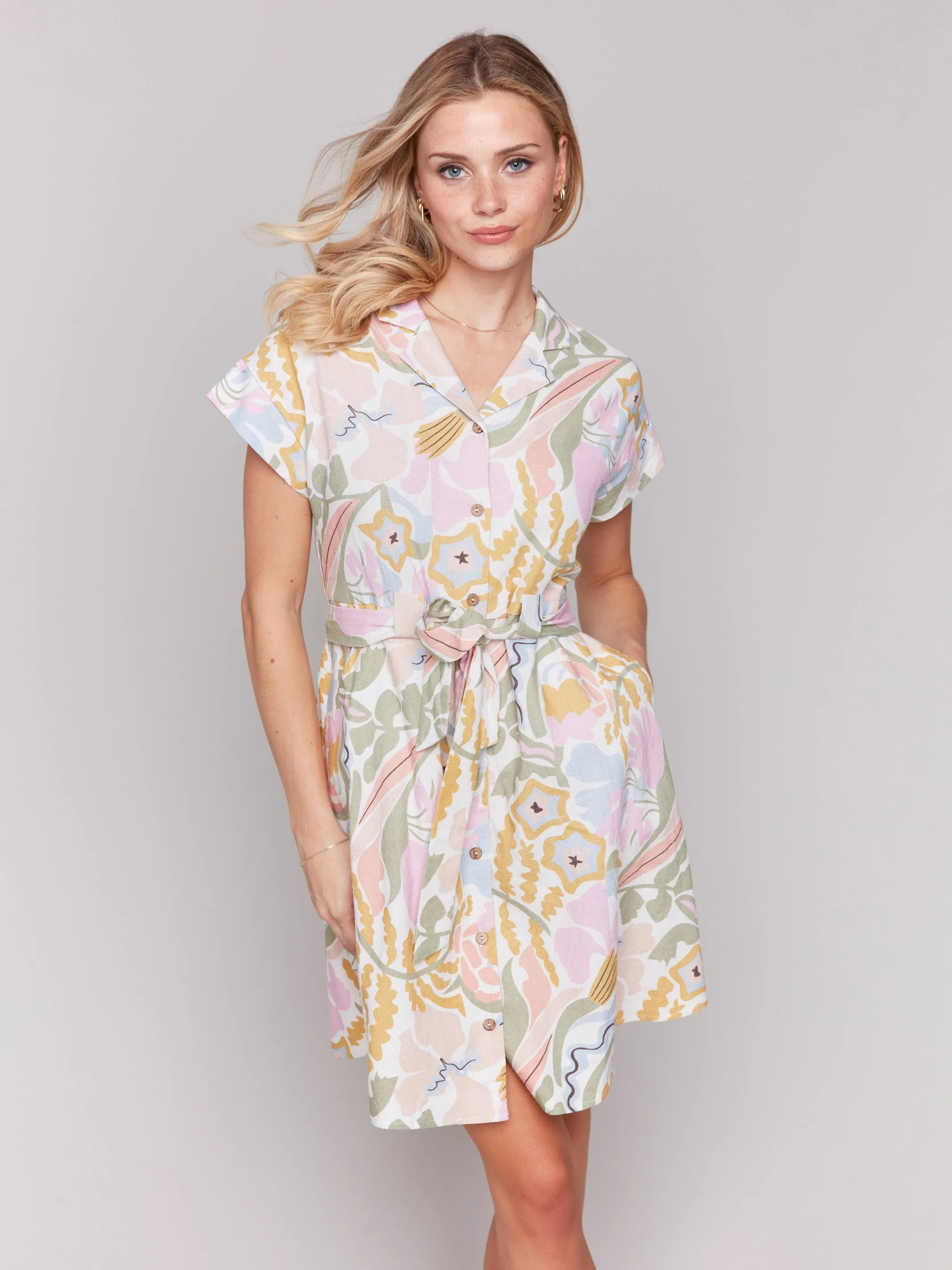 Linen Blend Short Sleeve Button-Front Dress - Pastel