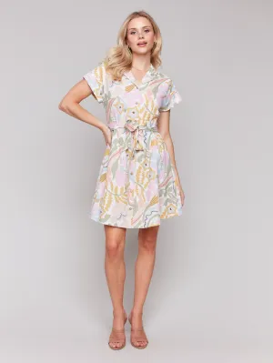 Linen Blend Short Sleeve Button-Front Dress - Pastel