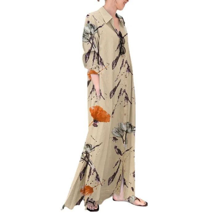 Linen Color Lapel Long Sleeve Pocket Dresses