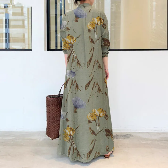 Linen Color Lapel Long Sleeve Pocket Dresses