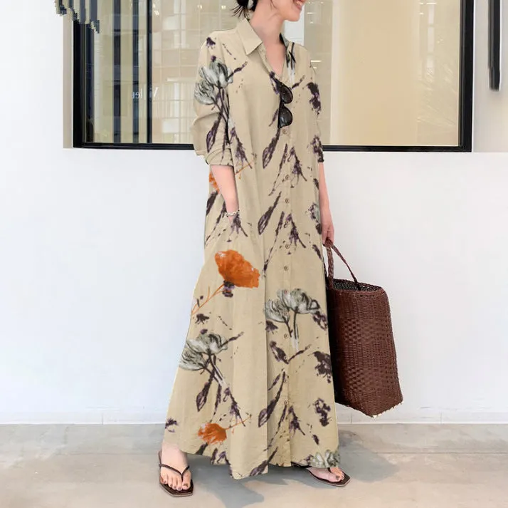 Linen Color Lapel Long Sleeve Pocket Dresses