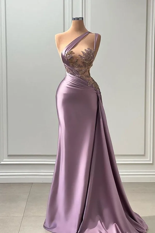 Long Mermaid One Shoulder Satin Lace Sleeveless Prom Dress