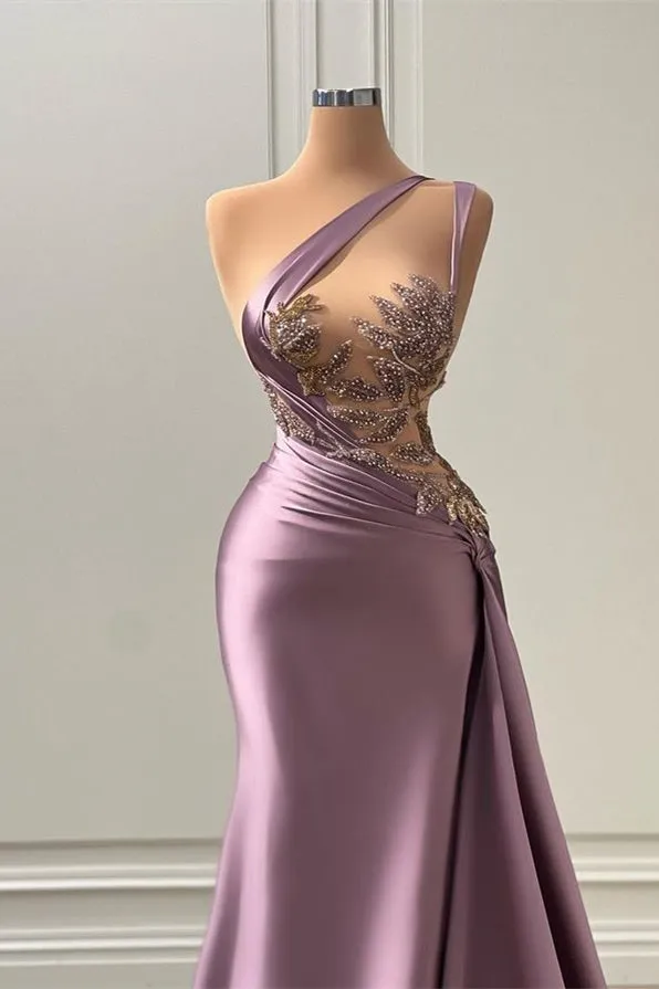 Long Mermaid One Shoulder Satin Lace Sleeveless Prom Dress