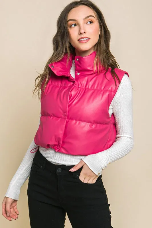 Love Tree PU Faux Leather puffer West With Snap Button