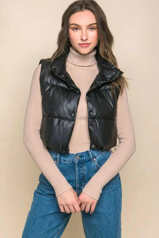 Love Tree PU Faux Leather puffer West With Snap Button