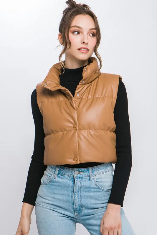 Love Tree PU Faux Leather puffer West With Snap Button