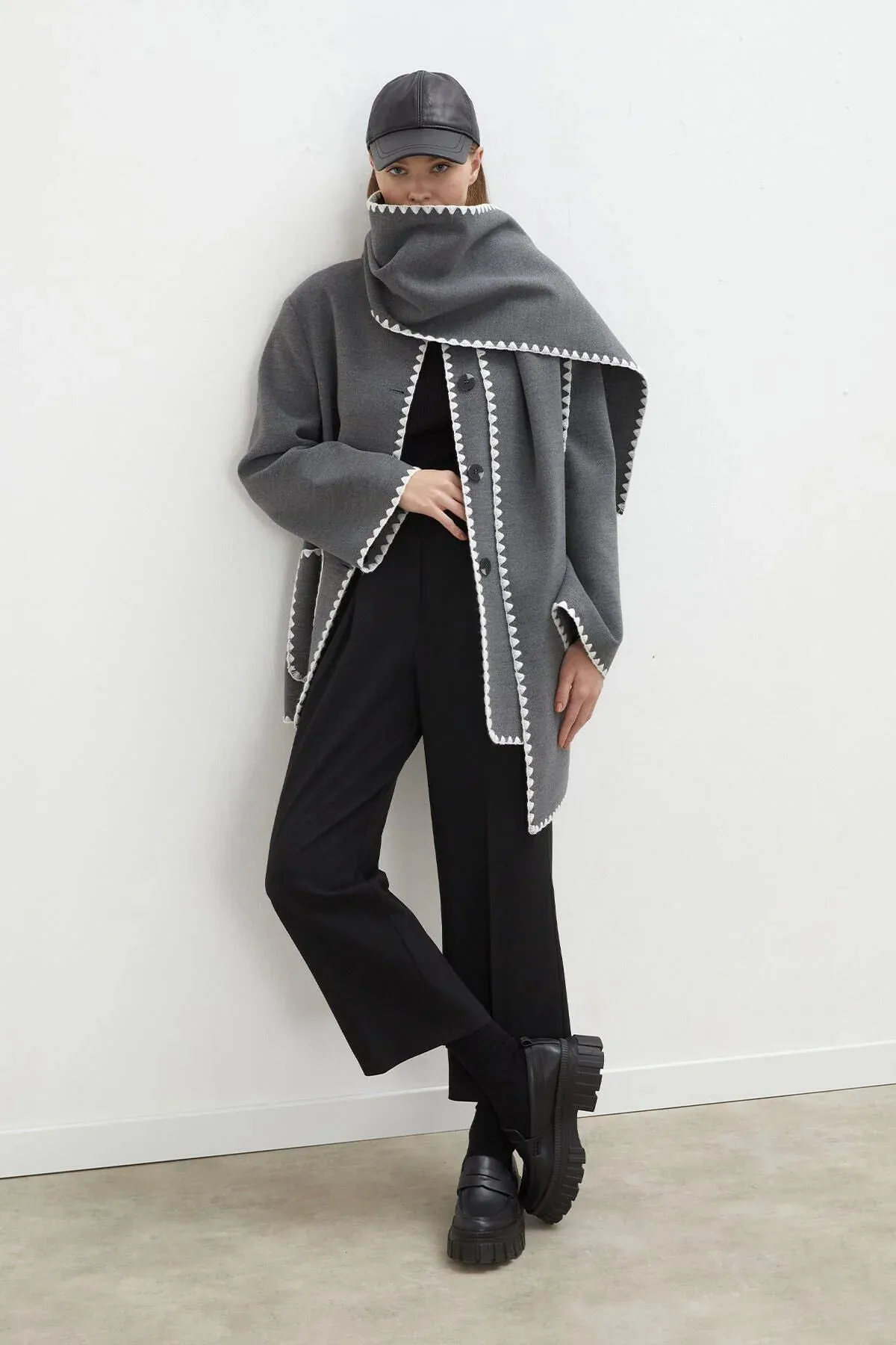 Maya Embroidered Wool Coat Anthracite