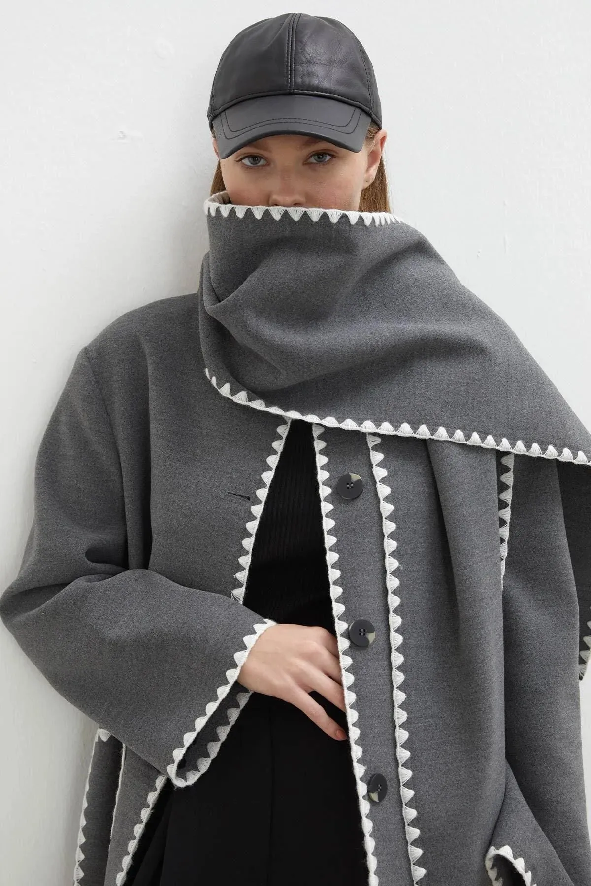 Maya Embroidered Wool Coat Anthracite