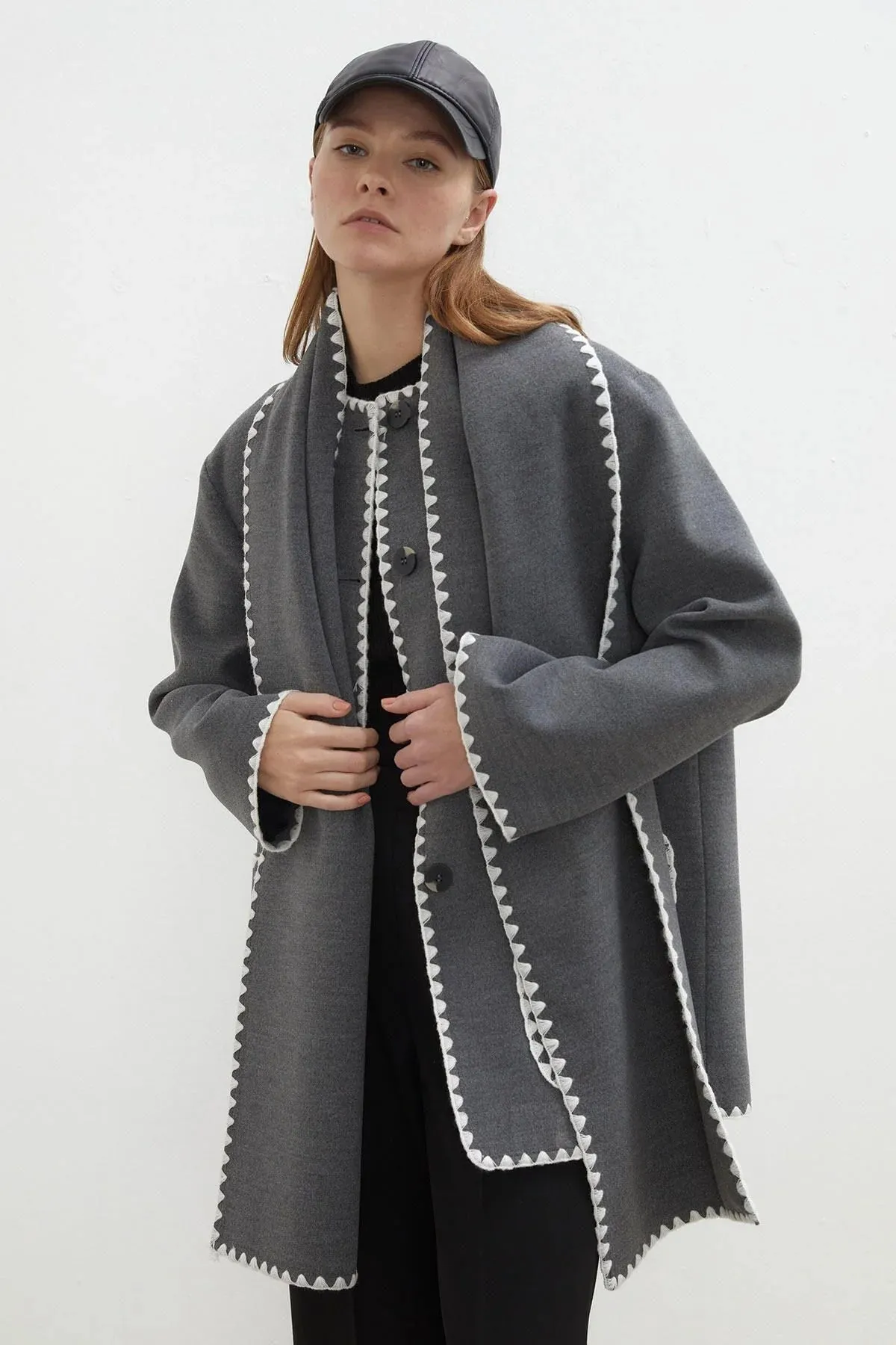 Maya Embroidered Wool Coat Anthracite