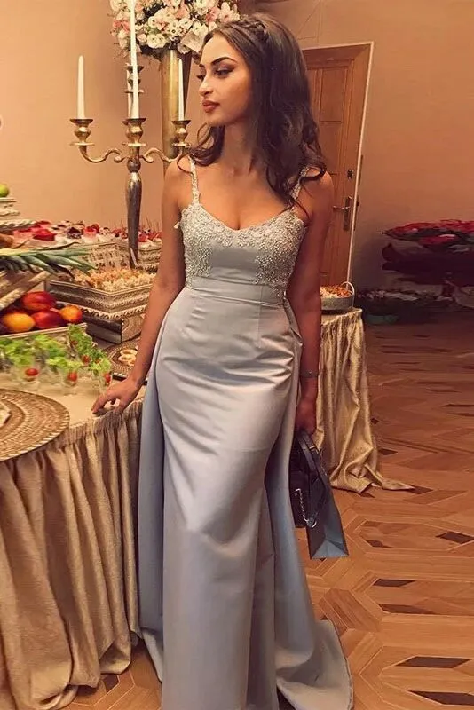 Mermaid Spaghetti Straps Detachable Silver Prom Evening Dress with Appliques PFP1575