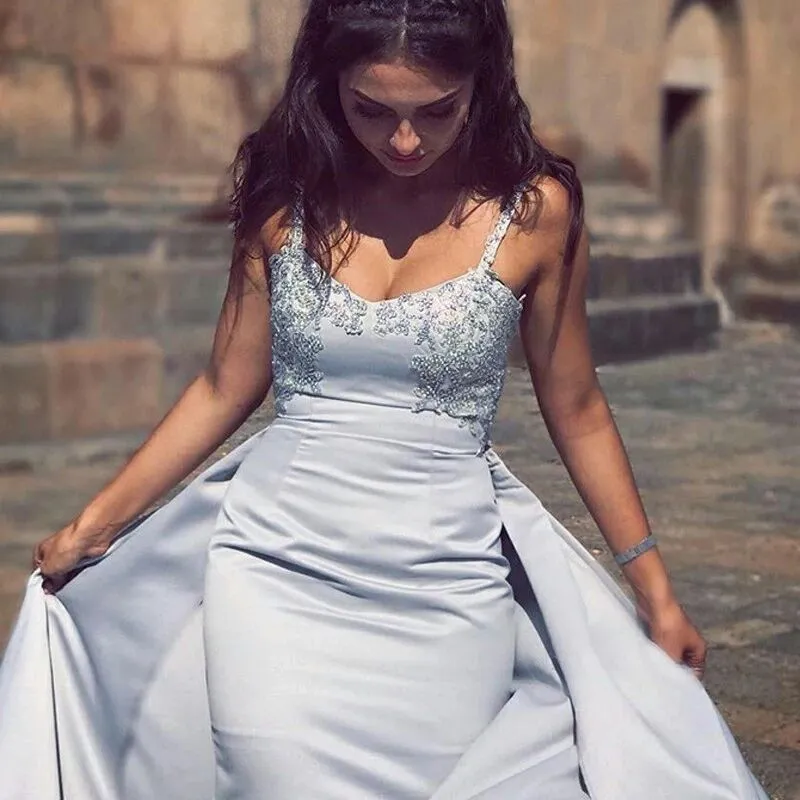 Mermaid Spaghetti Straps Detachable Silver Prom Evening Dress with Appliques PFP1575