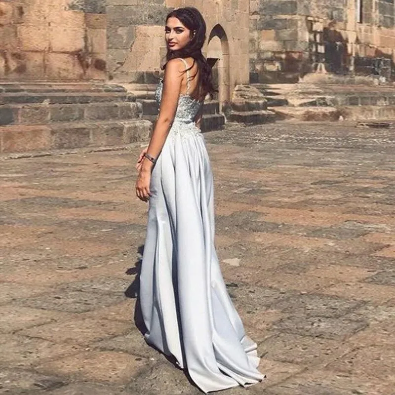 Mermaid Spaghetti Straps Detachable Silver Prom Evening Dress with Appliques PFP1575