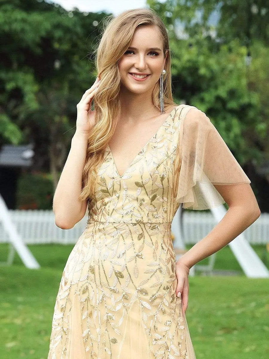 Modern Floor Length Embroidered Sequined Tulle Wedding Dress