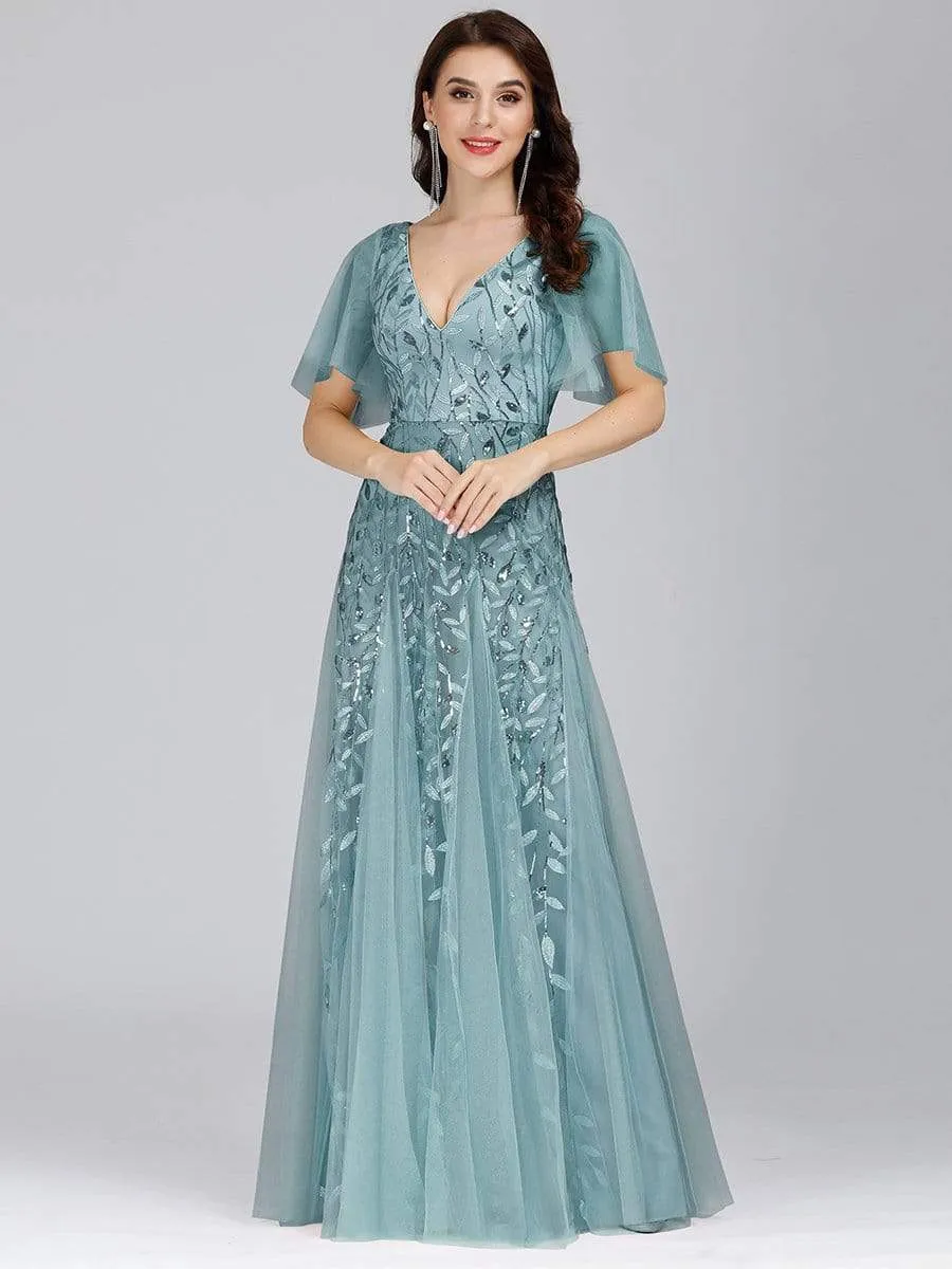 Modern Floor Length Embroidered Sequined Tulle Wedding Dress