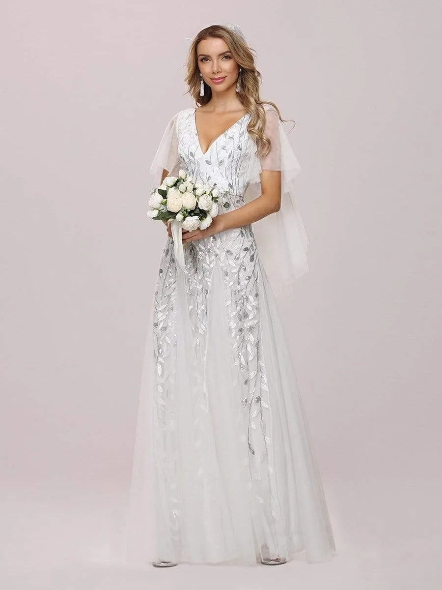 Modern Floor Length Embroidered Sequined Tulle Wedding Dress