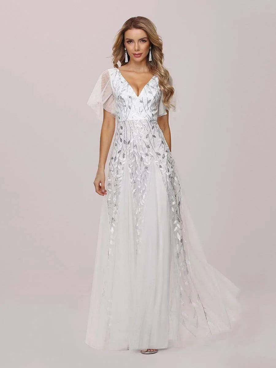 Modern Floor Length Embroidered Sequined Tulle Wedding Dress