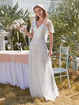 Modern Floor Length Embroidered Sequined Tulle Wedding Dress