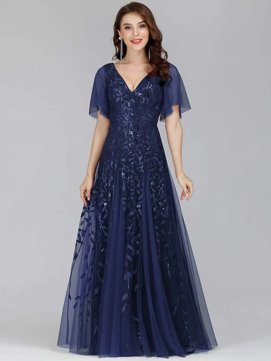 Modern Floor Length Embroidered Sequined Tulle Wedding Dress