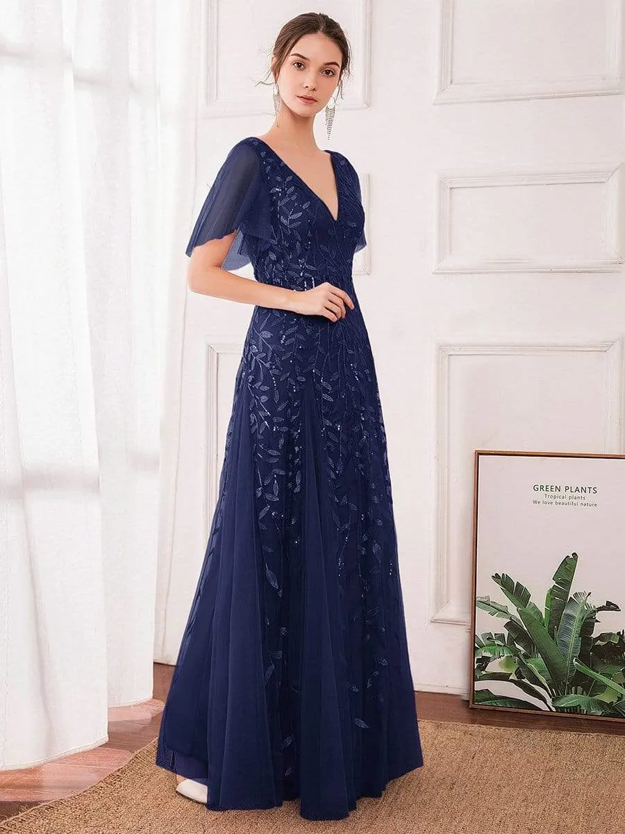 Modern Floor Length Embroidered Sequined Tulle Wedding Dress