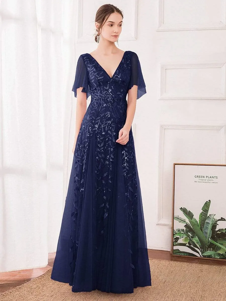 Modern Floor Length Embroidered Sequined Tulle Wedding Dress
