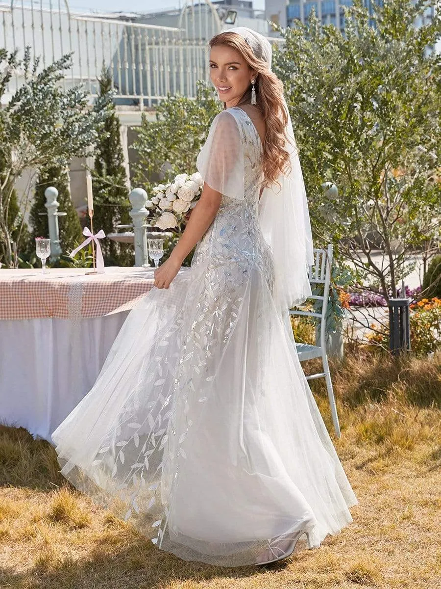 Modern Floor Length Embroidered Sequined Tulle Wedding Dress