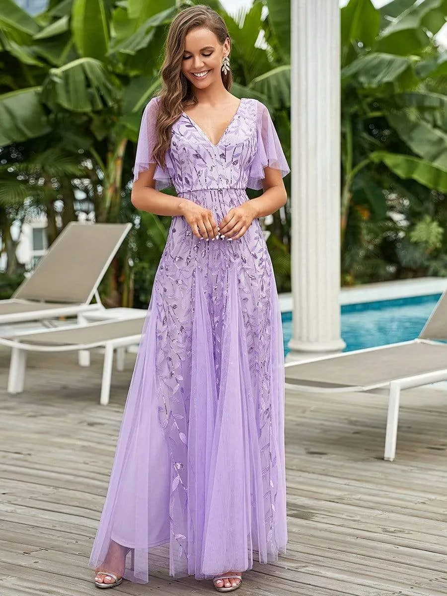 Modern Floor Length Embroidered Sequined Tulle Wedding Dress