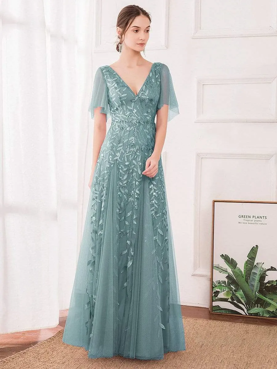Modern Floor Length Embroidered Sequined Tulle Wedding Dress