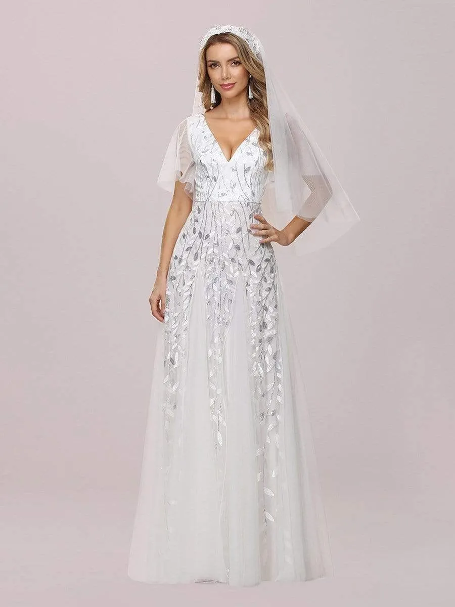 Modern Floor Length Embroidered Sequined Tulle Wedding Dress