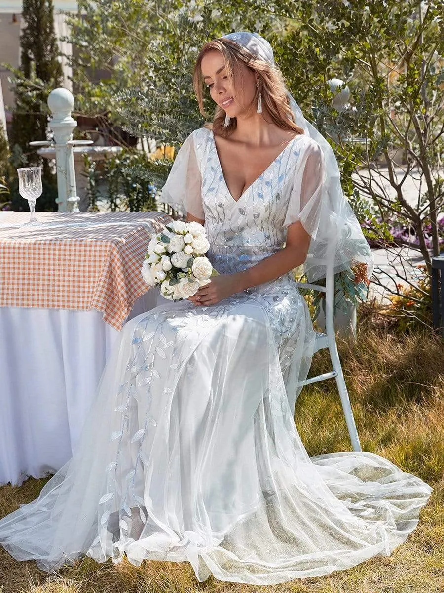 Modern Floor Length Embroidered Sequined Tulle Wedding Dress