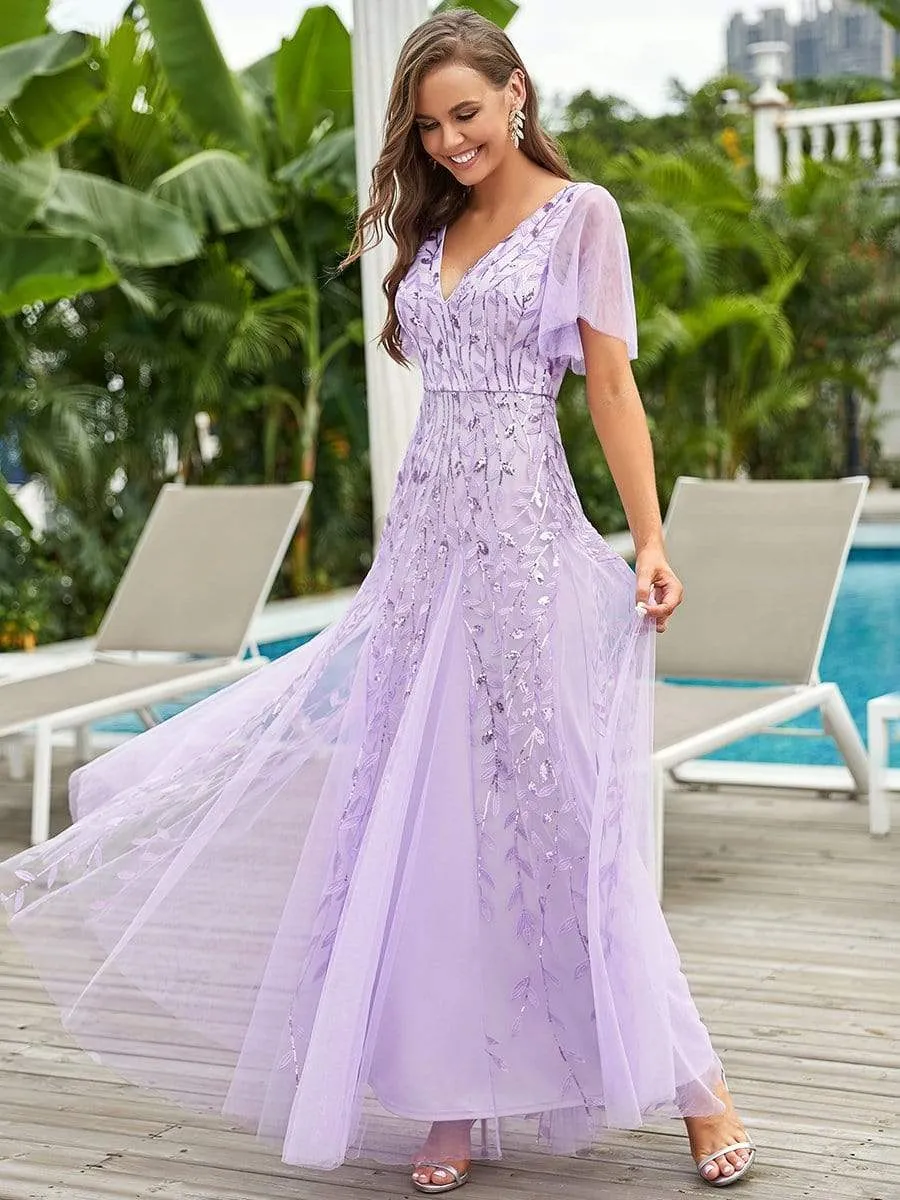 Modern Floor Length Embroidered Sequined Tulle Wedding Dress