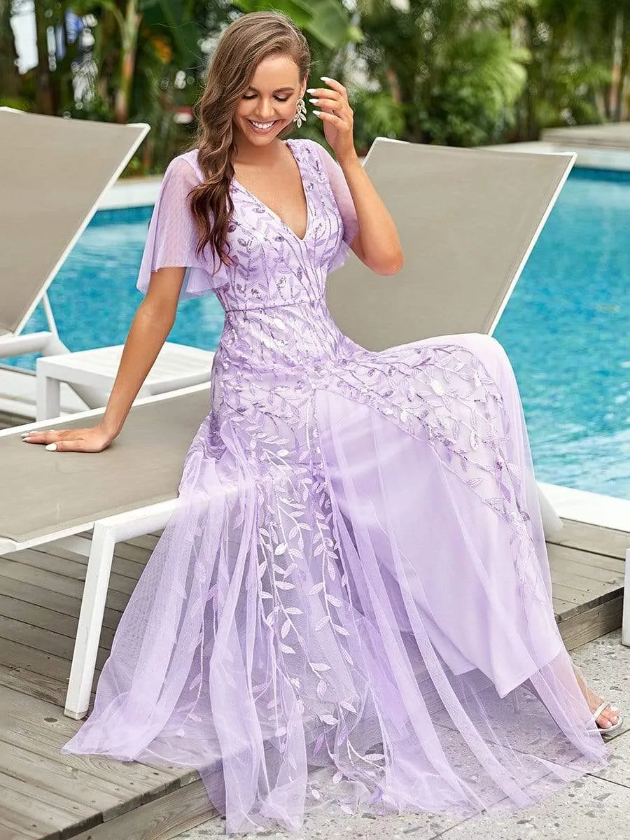 Modern Floor Length Embroidered Sequined Tulle Wedding Dress