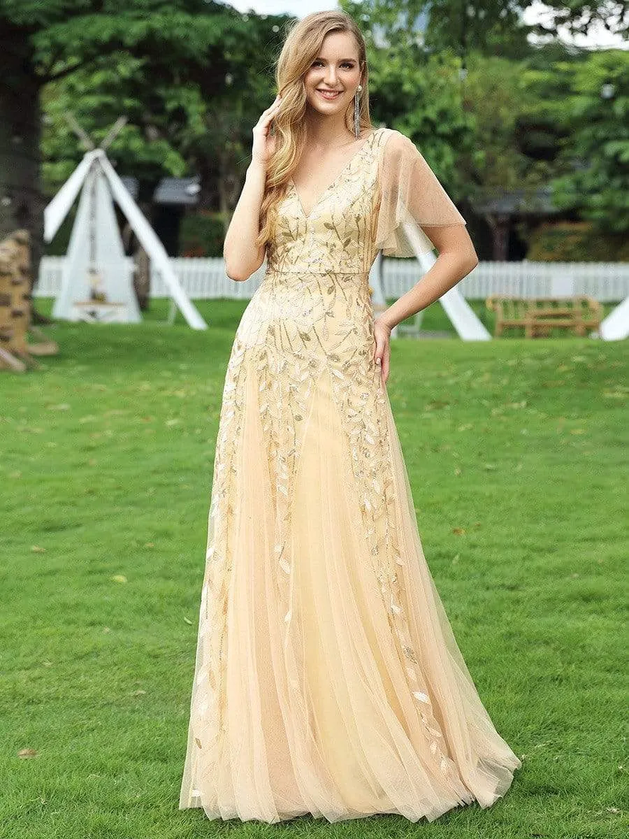 Modern Floor Length Embroidered Sequined Tulle Wedding Dress