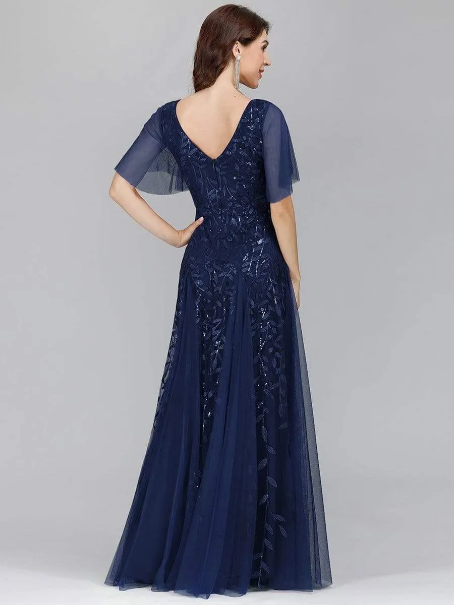 Modern Floor Length Embroidered Sequined Tulle Wedding Dress