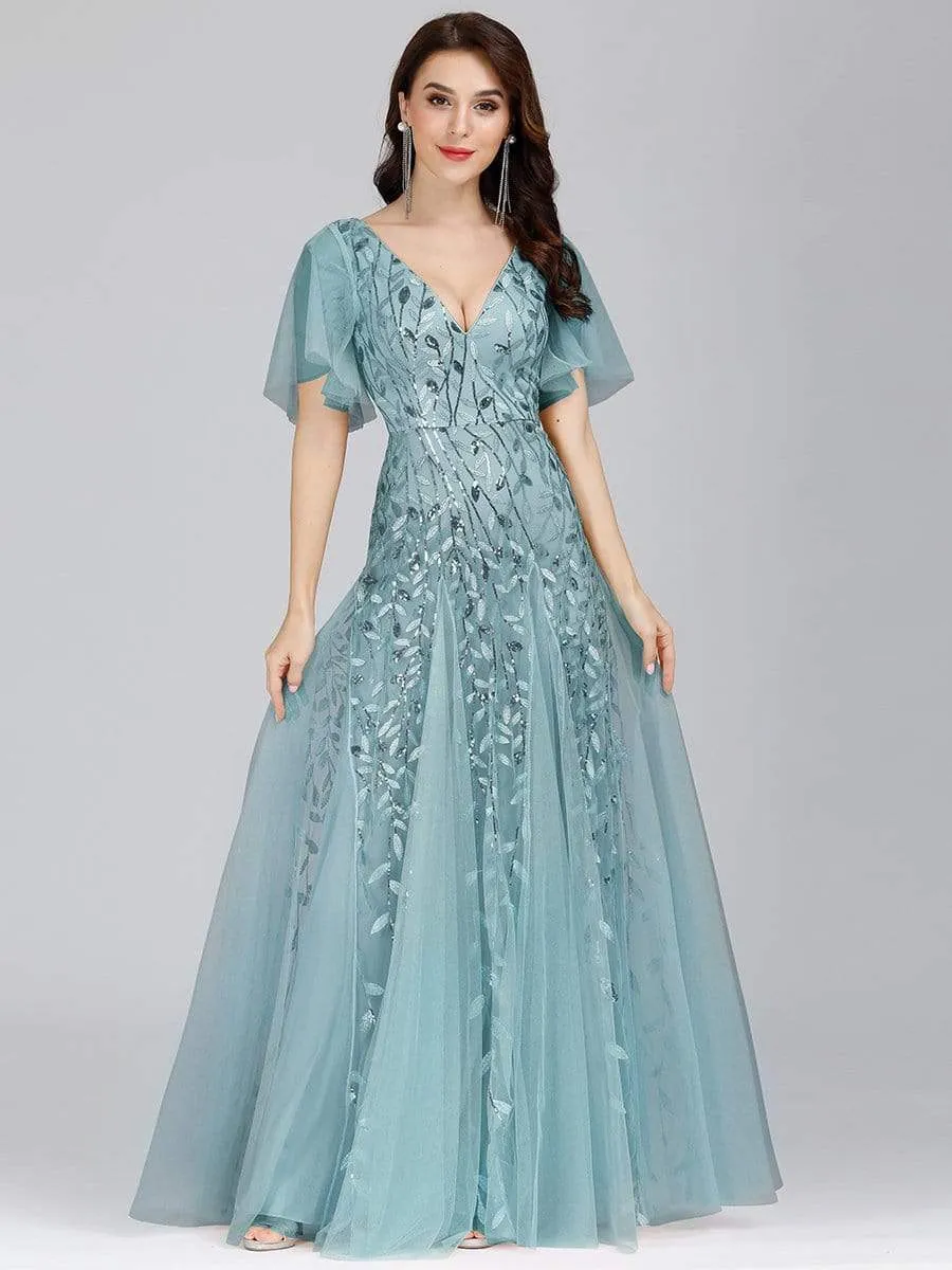 Modern Floor Length Embroidered Sequined Tulle Wedding Dress