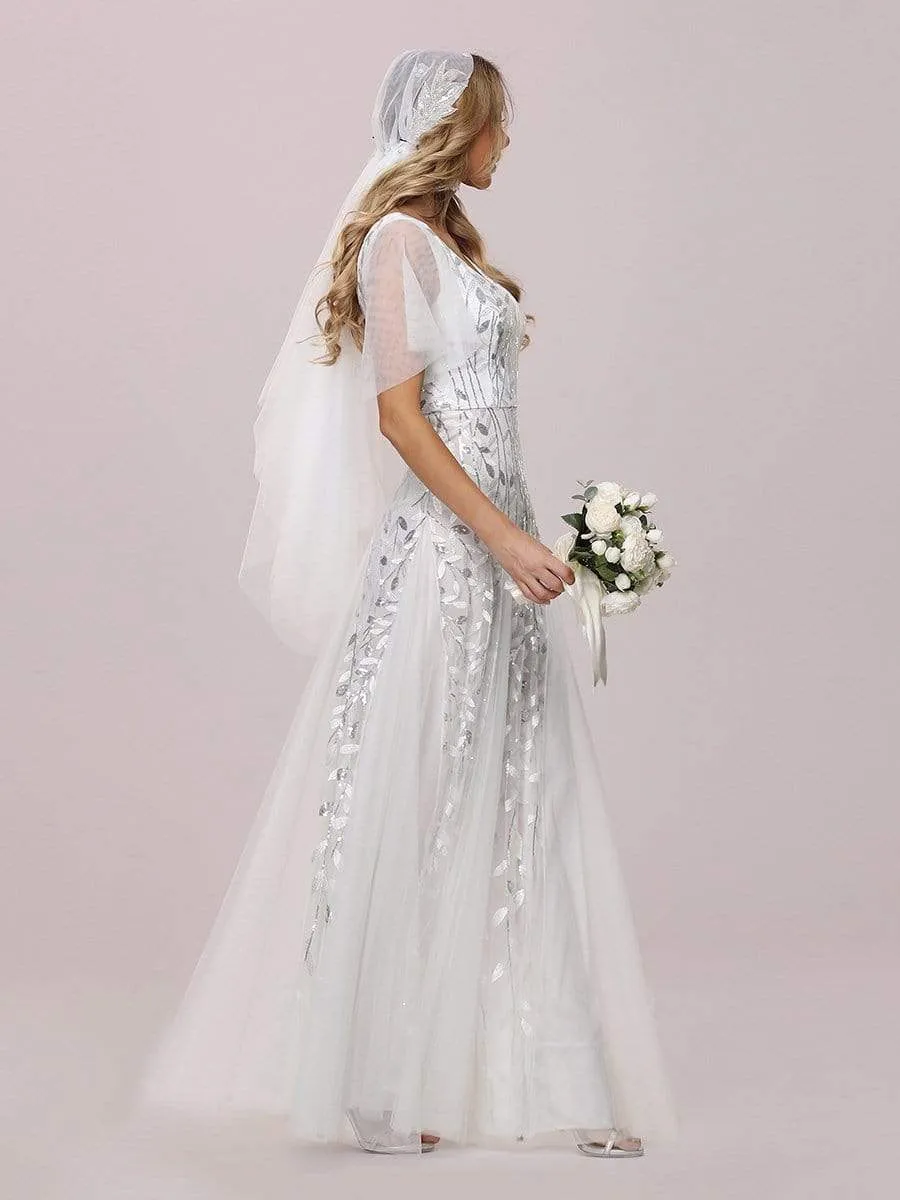 Modern Floor Length Embroidered Sequined Tulle Wedding Dress
