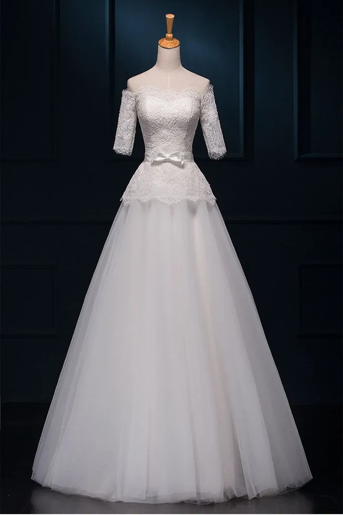 Modest Elegant Big Puffy Lace Wedding Dresses With Sleeves PFW0288