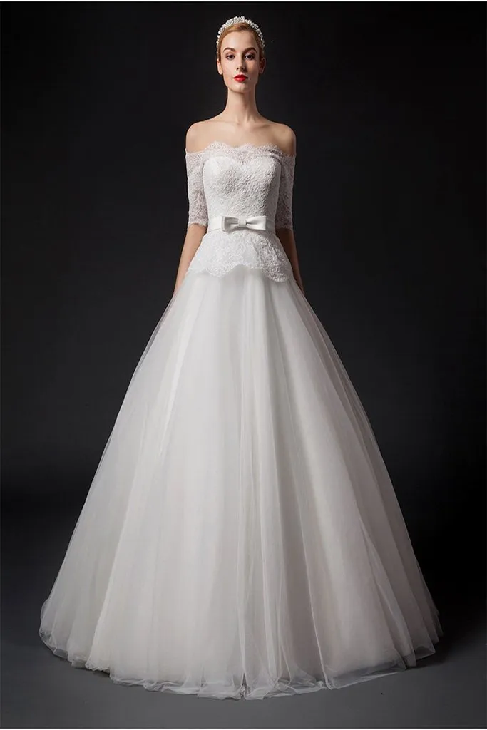 Modest Elegant Big Puffy Lace Wedding Dresses With Sleeves PFW0288